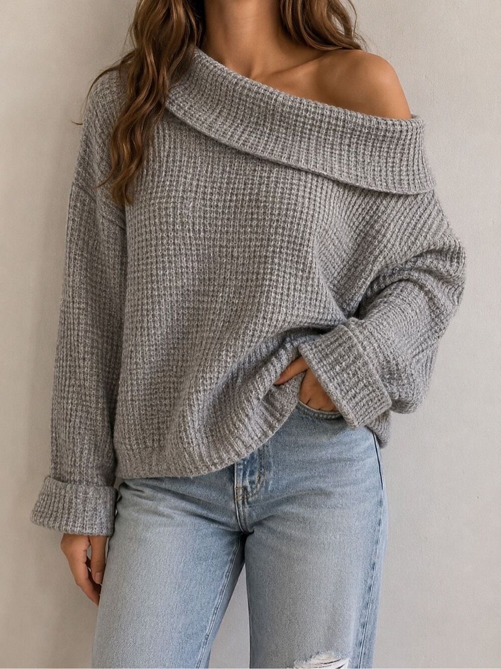 Free People Gray Waffle Knit Off Shoulder Sweater Size S Cozy Slouchy